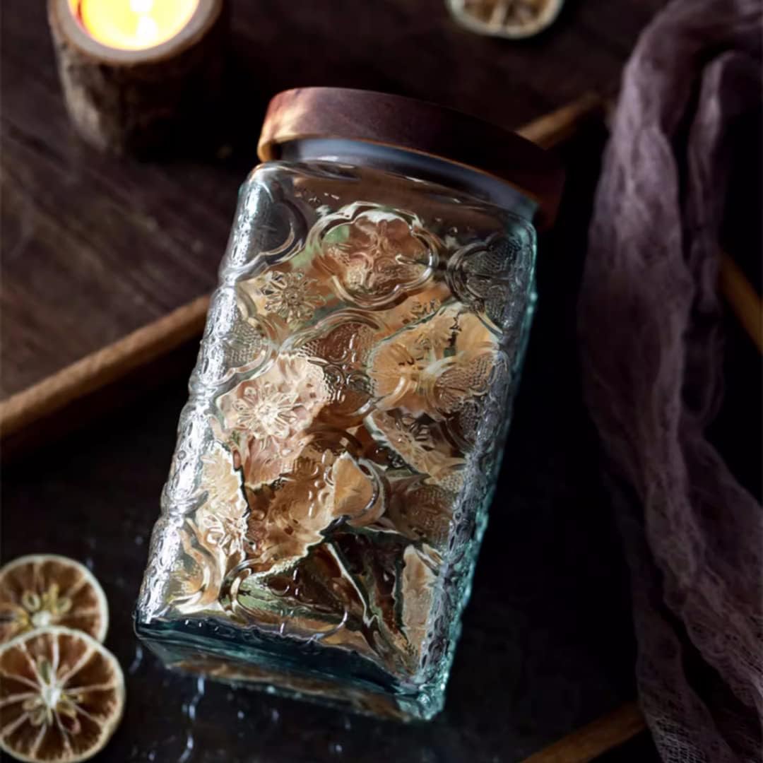 ANSQU Vintage Glass Storage Jar, 34 FL OZ Glass Food Storage Containers with Bamboo Wooden Lid, Airtight Cookie Jars for Kitchen Counter, Pantry, Cookie, Coffee, Tea, Sugar (Square Begonia)