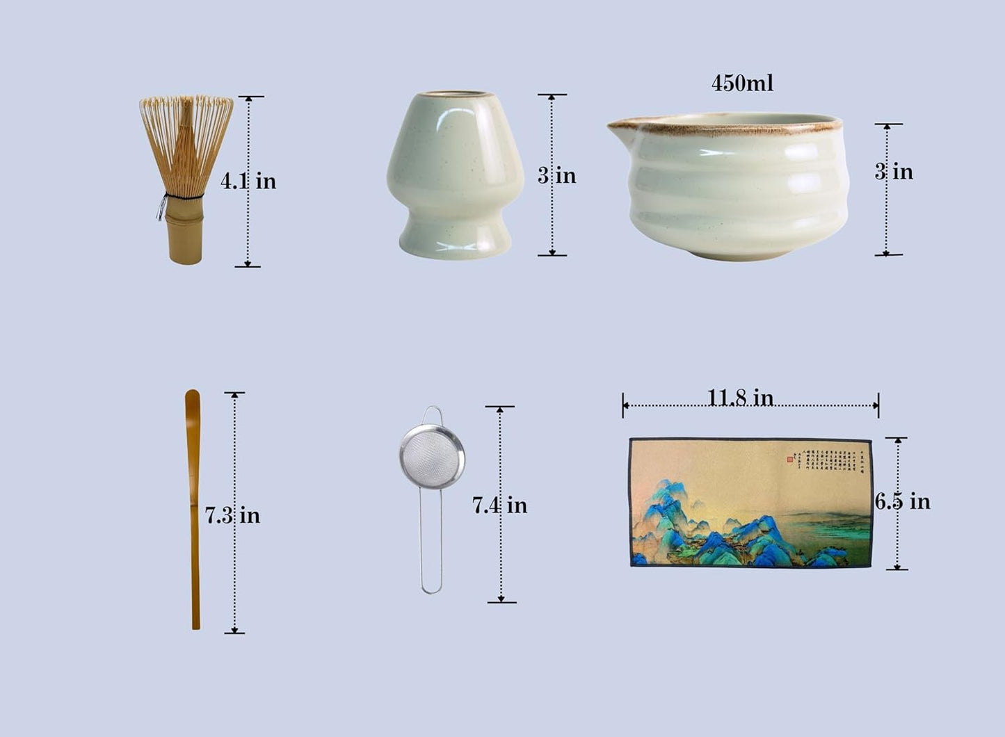 Matcha Whisk Set, Ceramic Matcha Set Includes Matcha Bowl, Matcha Whisk Chasen and Whisk Holder, Sifter, Bamboo Scoop, Scoop Rest and Tea Towel-7 Pcs Matcha Kit for Matcha Lovers, Misty Gray