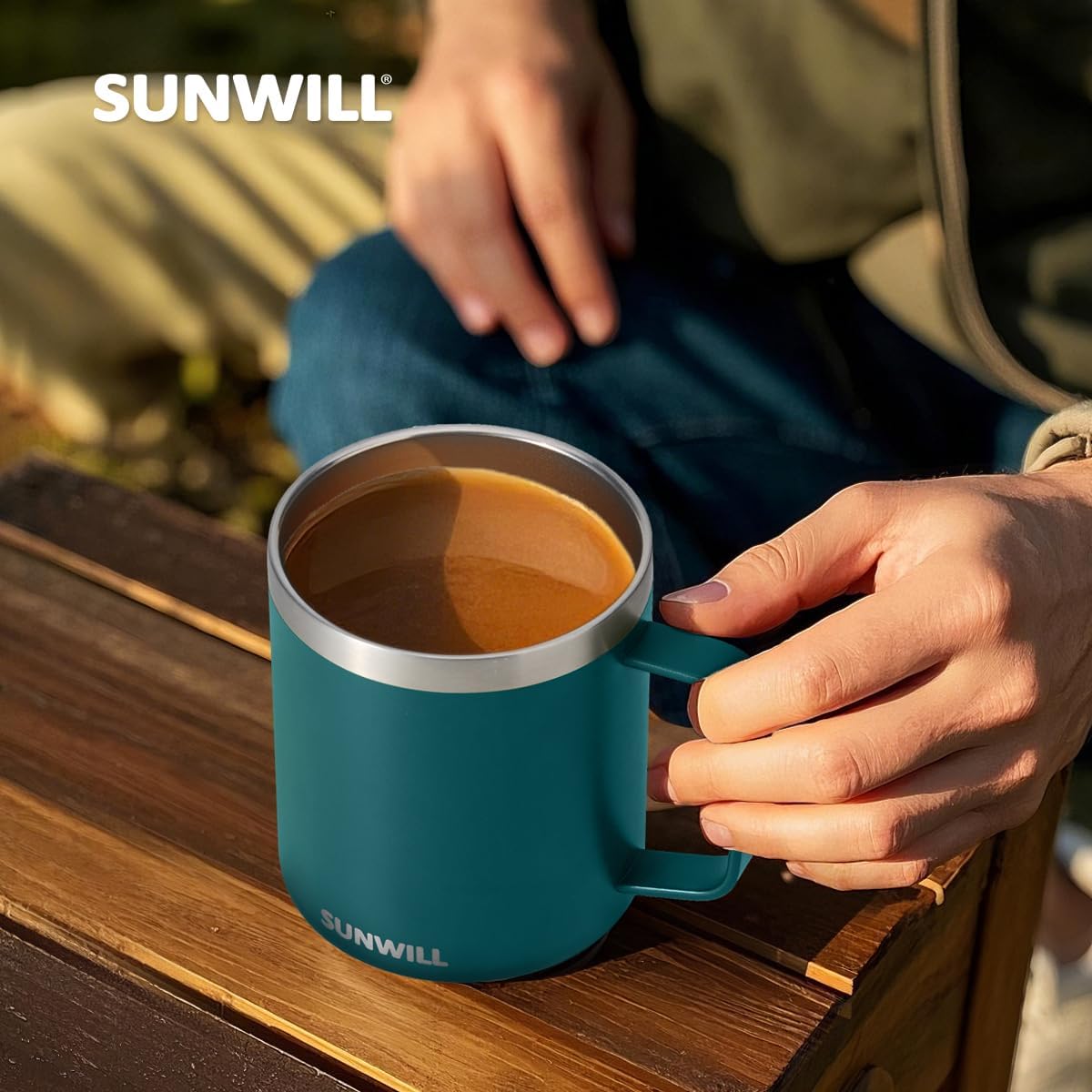 SUNWILL Travel Coffee Mugs Set of 4, Insulated Cup with Lid, 14oz Stainless Steel Tumbler with Handle Bulk for Gift, Camping, Office, Powder Coated Forest Green