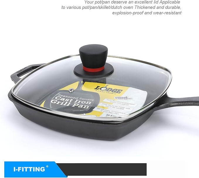 Square Glass Lid for Grill Pans with Steam Vent Hole - Fits Lodge Cast Iron Skillets 10.5inch(26.67cm) - Square Tempered Glass Lid - Universal Replacement Cover Bakelite Round Knob