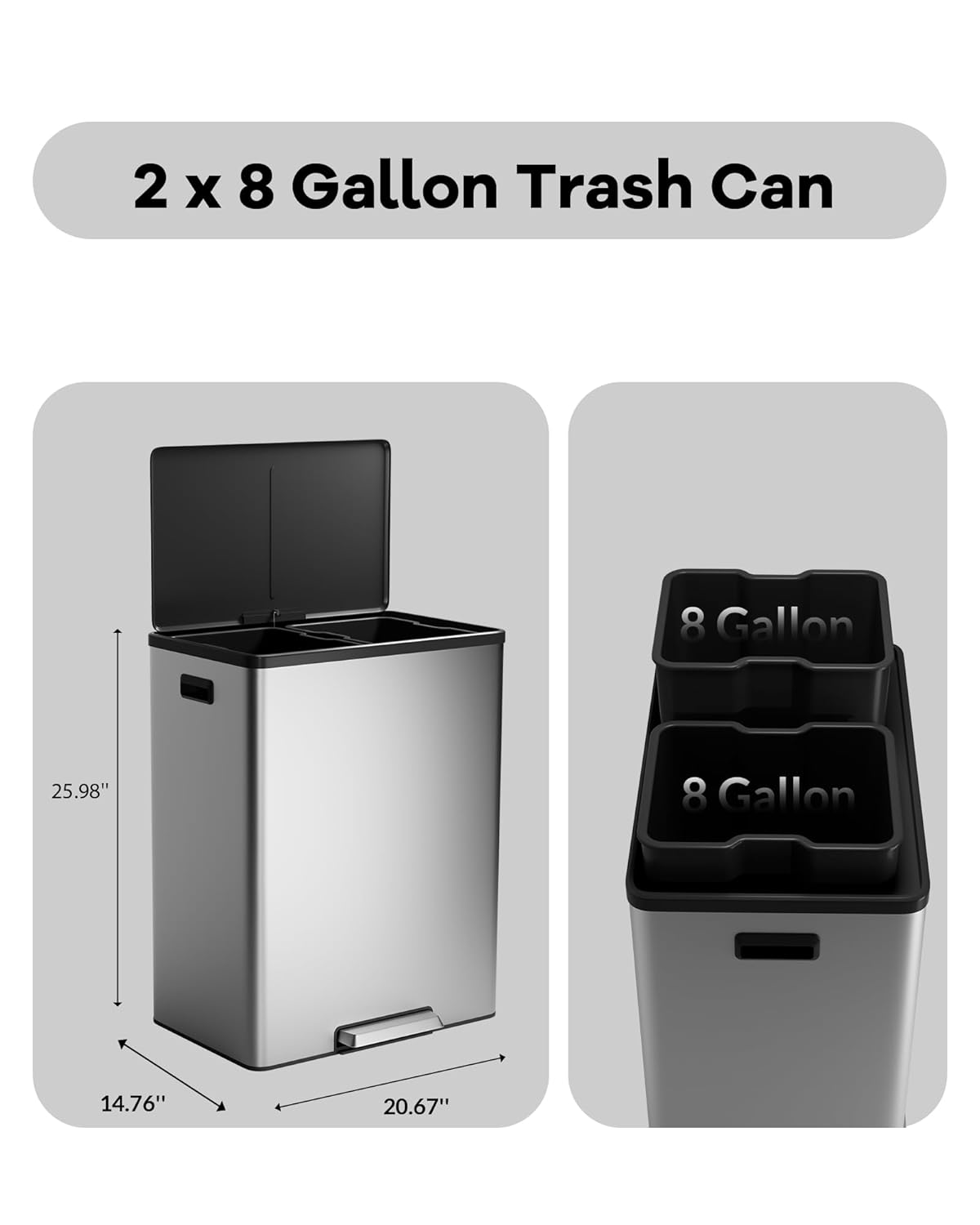 Garvee Dual Trash Can for Recycling and Trash, Stainless Steel Kitchen Trash Can with Lid and Foot Pedal, Double Compartment Garbage Can, with Recycling Bin