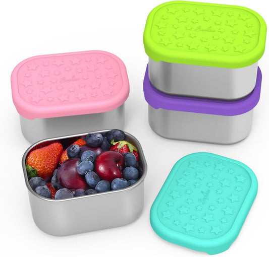 SOPHICO Stainless Steel Snack Containers for Kids, 8 oz Small Food Storage Container 1 Cup with Silicone Lid - Perfect 304 Metal Toddler Lunch Box for Daycare and School, Leak Proof (MIX, 4 PACK)