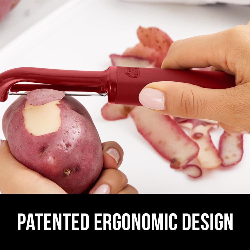 GORILLA GRIP Patented BPA-Free Sharp Stainless Steel Swivel Vegetable Peeler, Comfortable Handle Potato Peelers, Smooth Peeling, Peel Carrots Apple, Includes Blade Cover, Kitchen Tool, Red