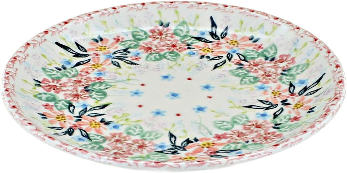 Blue Rose Polish Pottery - Pink Fairy Meadow Dessert Plate - 7.5" Diameter - Beautiful Plate for Cake, Appetizers, or Snacks