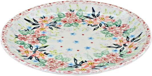 Blue Rose Polish Pottery - Pink Fairy Meadow Dessert Plate - 7.5" Diameter - Beautiful Plate for Cake, Appetizers, or Snacks