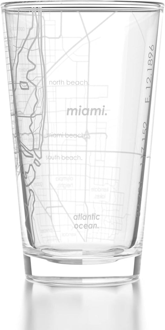 Well Told Engraved Miami Florida Map Pint Glass, Etched Beer Gift (16 oz, Clear) City Map Pint, Custom City Glassware, Gifts For Beer Lovers