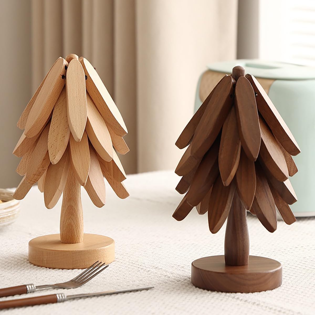 Wooden Trivets for Hot Dishes,Tree Shape Trivet Set, 4 Wooden Trivets+1 Stand, Natural Foldable Kitchen Wooden Trivet for Hot Dishes、Pot、Bowl、Teapot、Hot Pot Holders (Beech Wood)