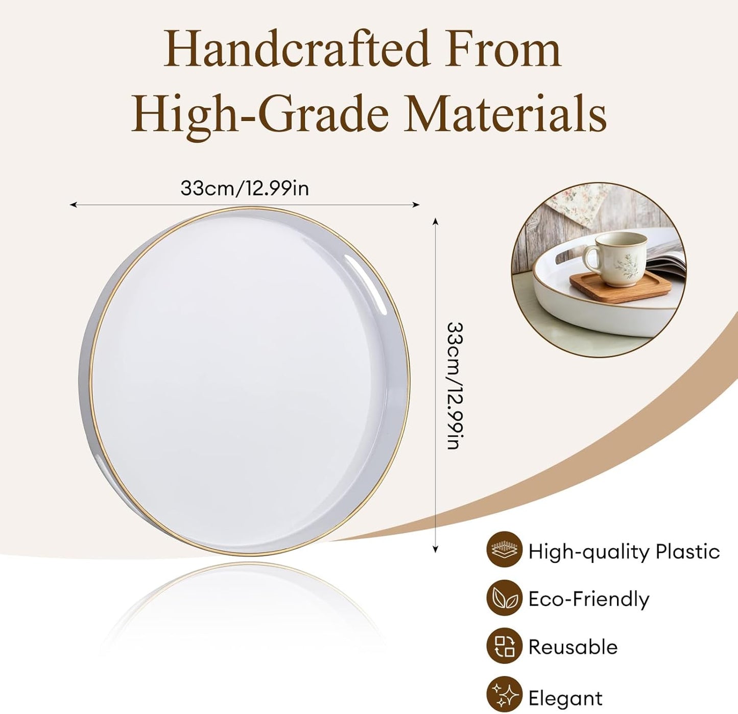 Zosenley Decorative Tray, Round Plastic Tray with Handles, Modern Vanity Tray and Serving Tray for Ottoman, Coffee Table, Kitchen and Bathroom, Size 13” (White)