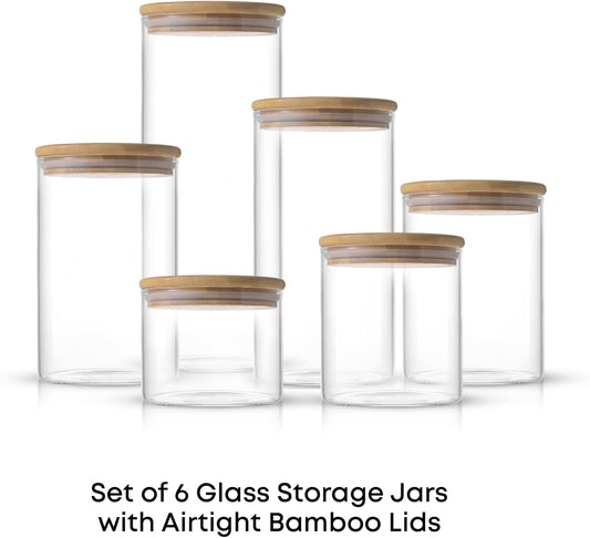 JoyJolt Borosilicate Glass Jars With Bamboo Lids. 6 Pc Set of Air Tight Sealable Containers. Food Jar Canisters with Airtight Lid for Pantry Storage and Kitchen Organization.