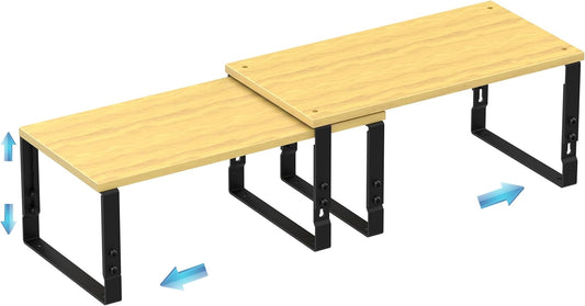 Expandable Kitchen Cabinet Organizer Shelves – Stackable Adjustable Metal and Wood Storage Racks for Countertop, Pantry, Garage Set of 2 Spice Rack – Easy Assembly, Space-Saving(1 Pack/Large/Black)