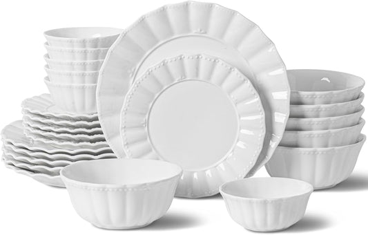 Dinnerware Sets, 24 Piece Porcelain Plates and Bowls Sets Service for 6, Ceramic tableware, Modern Bone China Dish Sets, Wavy Pattern