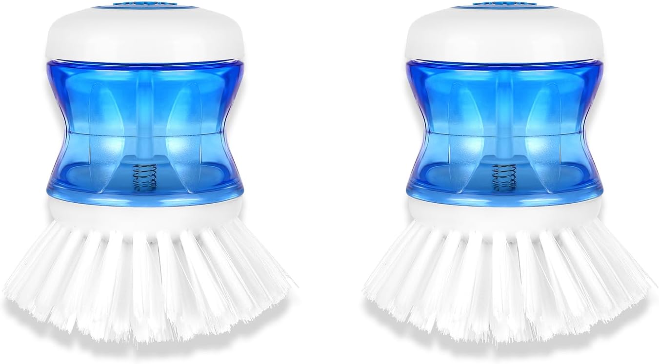 Dish Brush with Soap Dispenser for Dishes Pot Pan Kitchen Sink Scrubbing, White 2 Pack