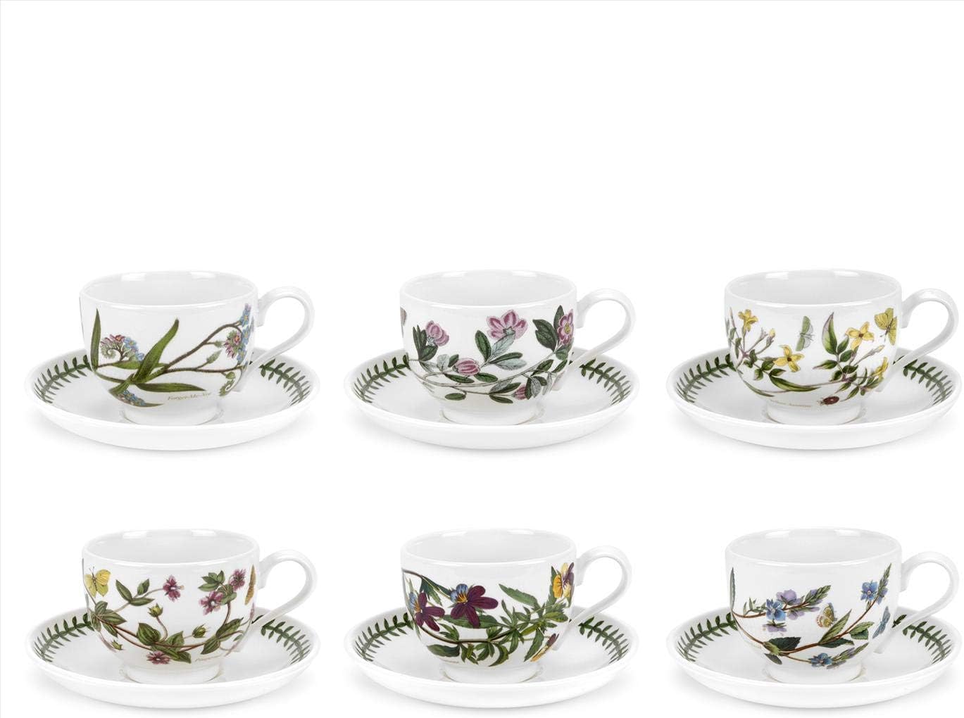 Portmeirion Botanic Garden 10oz Teacup and Saucer - Set of 6 | Assorted Floral Motifs | Fine Earthenware | Chip Resistant Glaze | Dishwasher, Microwave, Freezer, Oven Safe | Made in England