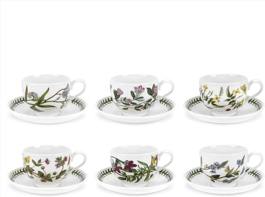 Portmeirion Botanic Garden 10oz Teacup and Saucer - Set of 6 | Assorted Floral Motifs | Fine Earthenware | Chip Resistant Glaze | Dishwasher, Microwave, Freezer, Oven Safe | Made in England