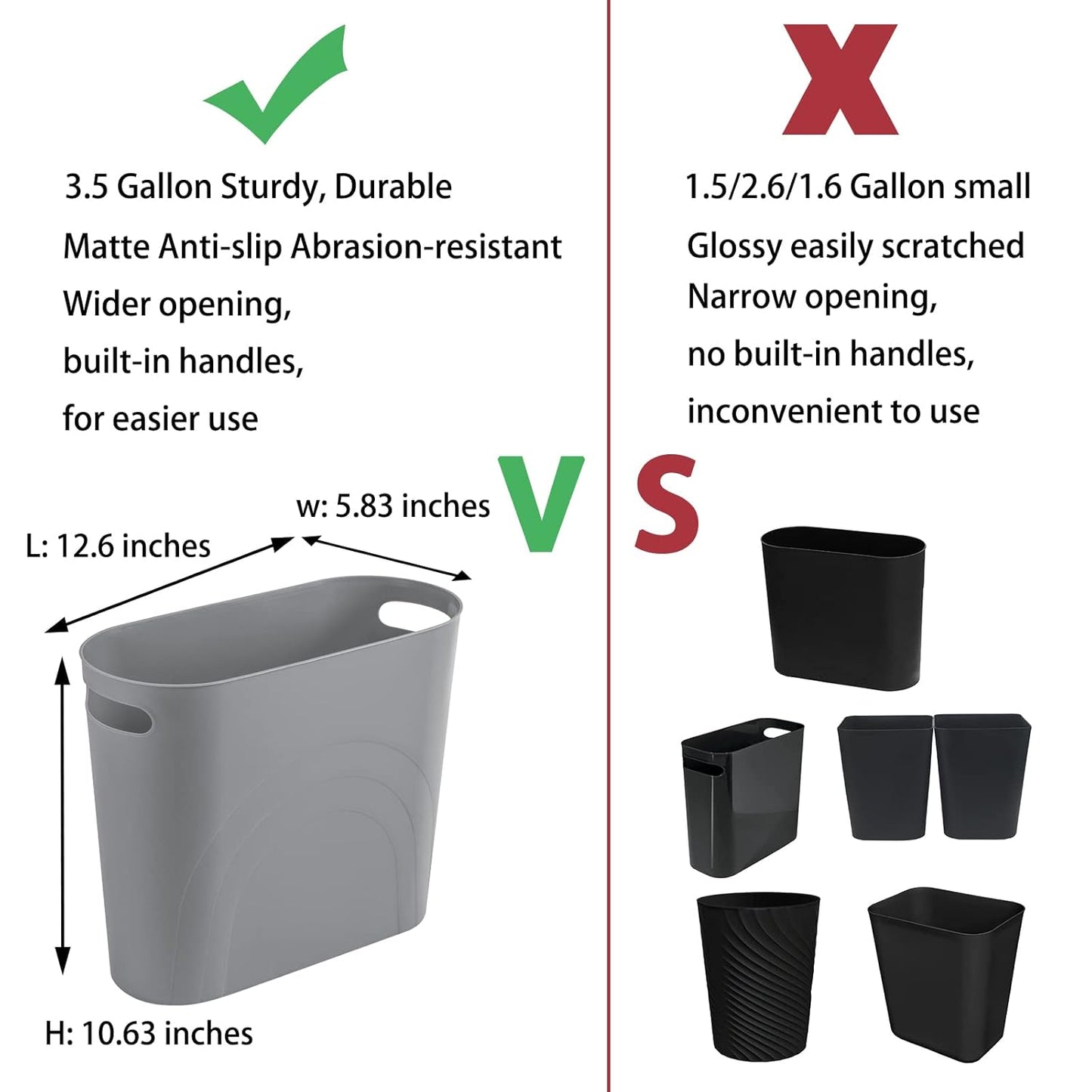 rejomiik Small Trash Can, Slim Garbage Can Plastic Waste Basket with Handles 3.5 Gallon Container Bin for Narrow Spaces Bathroom, Bedroom, Kitchen, Office at Home, 2 Pack Grey