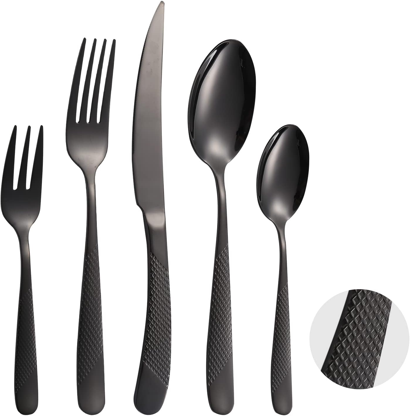 A·HOUSEWARE Black Silverware Hammered Flatware Kichen Stainless Steel Cutlery Set for 4 include Metallic Forks Knives Spoons 20 Pieces Utensils Restaurant Parties Everyday Use