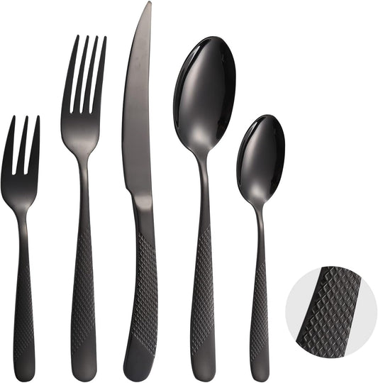 A·HOUSEWARE Black Silverware Hammered Flatware Kichen Stainless Steel Cutlery Set for 4 include Metallic Forks Knives Spoons 20 Pieces Utensils Restaurant Parties Everyday Use