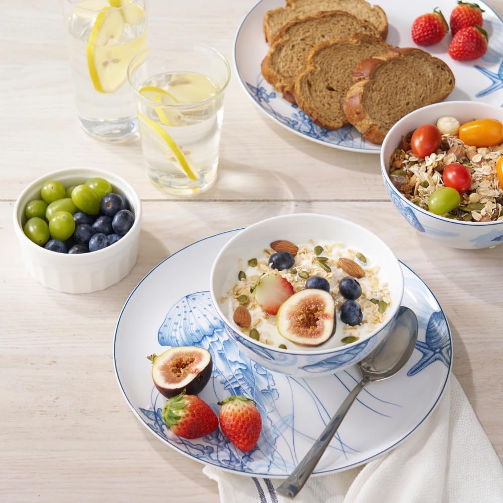 Minh Long 12-PCS Porcelain Coastal Dinnerware Set, Plates, Bowls, Service for 4, Chip & Scratch Resistant, Oven Safe up to 482°F, Non toxic, Lead & Cadmium Free, Stackable, Dishwasher & Microwave Safe
