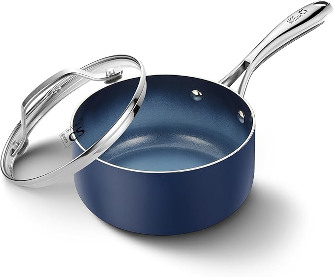 KOCH SYSTEME CS Nonstick Sauce Pan with Lid, 1 Quart Saucepan with Lid, 1 QT Nonstick Ceramic Small Sauce Pan with Stainless Steel Handle, Non-Toxic Ceramic Saucepan, Oven Safe, Gradient Blue