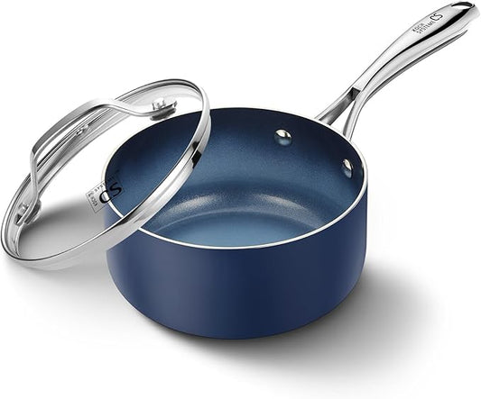 KOCH SYSTEME CS Nonstick Sauce Pan with Lid, 1 Quart Saucepan with Lid, 1 QT Nonstick Ceramic Small Sauce Pan with Stainless Steel Handle, Non-Toxic Ceramic Saucepan, Oven Safe, Gradient Blue