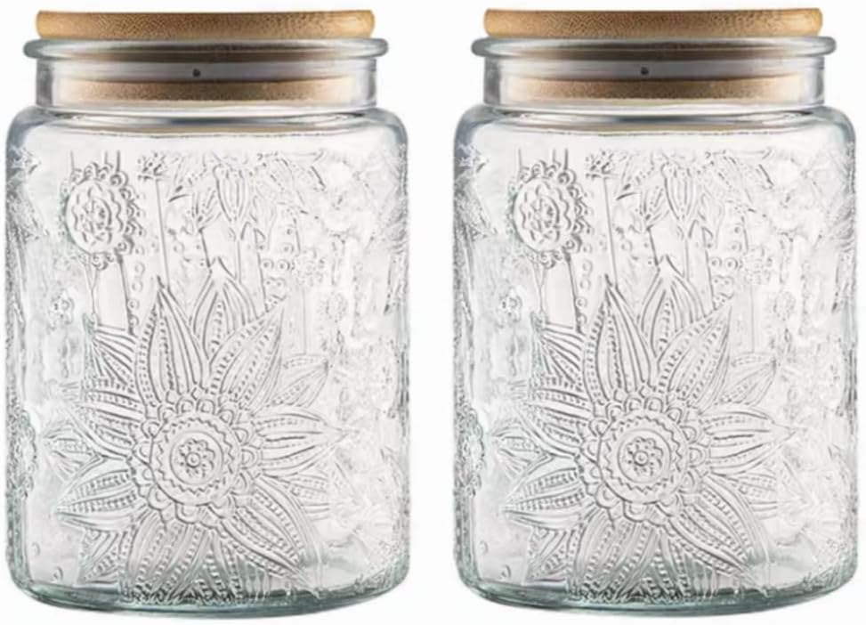 2 Pack Vintage Glass Storage Jar, 23.7 FL OZ Glass Food Storage Containers with Bamboo Lid, Candy Jars with Lids for Kitchen Counter, Pantry, Coffee, Tea, Sugar