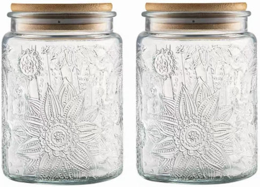 2 Pack Vintage Glass Storage Jar, 23.7 FL OZ Glass Food Storage Containers with Bamboo Lid, Candy Jars with Lids for Kitchen Counter, Pantry, Coffee, Tea, Sugar