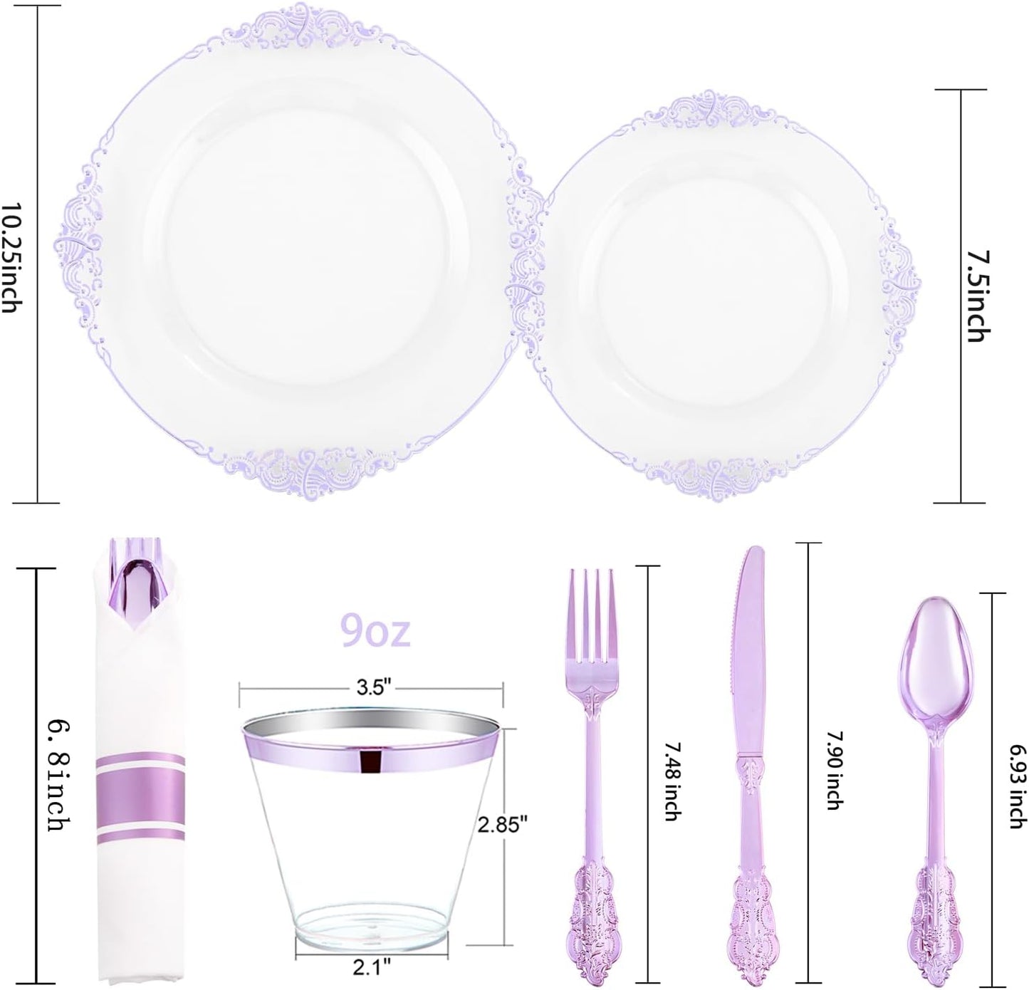 Hioasis 175pcs Clear Purple Plastic Plates - Elegant Disposable Dinnerware Set Suitable for 25 Guests Include 10.25" Dinner & 7.5" Dessert Plates, Pre Rolled Silverware Set, Cups for Party & Wedding