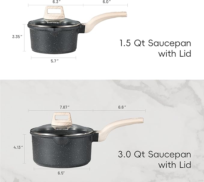 CAROTE 1.5Qt & 3.0Qt Sauce Pan Sets with Lid Cooking Pots Nonstick Saucepans Cookware Set with Pour Spout Small Kitchen Pot, Induction Comptable, Easy to Clean, PFOA FREE (Classic Granite)