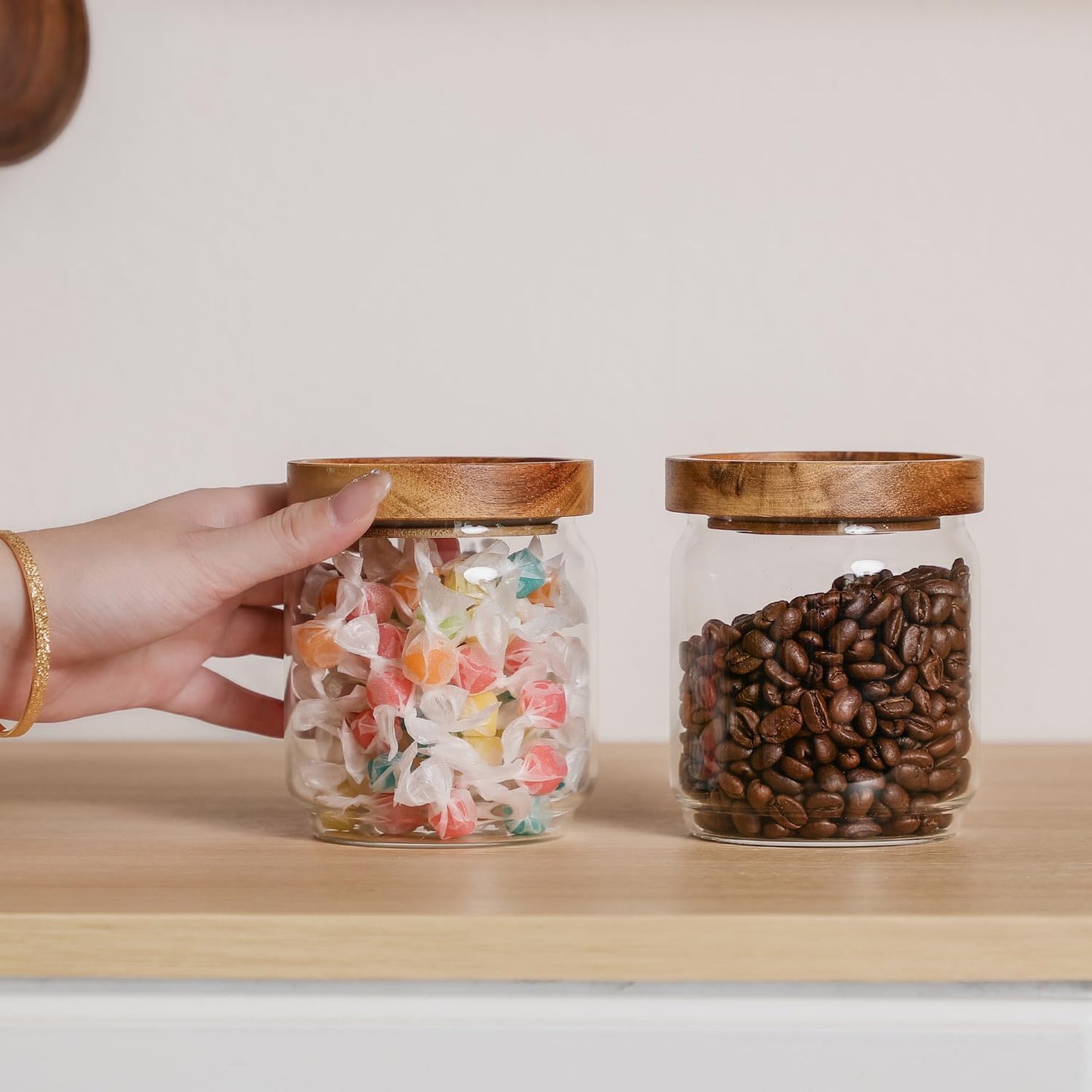 Small Glass Jars with Wood Lids Set of 2, 15 OZ Storage Container with Airtight Lid for Coffee Bean, Sugar, Nuts