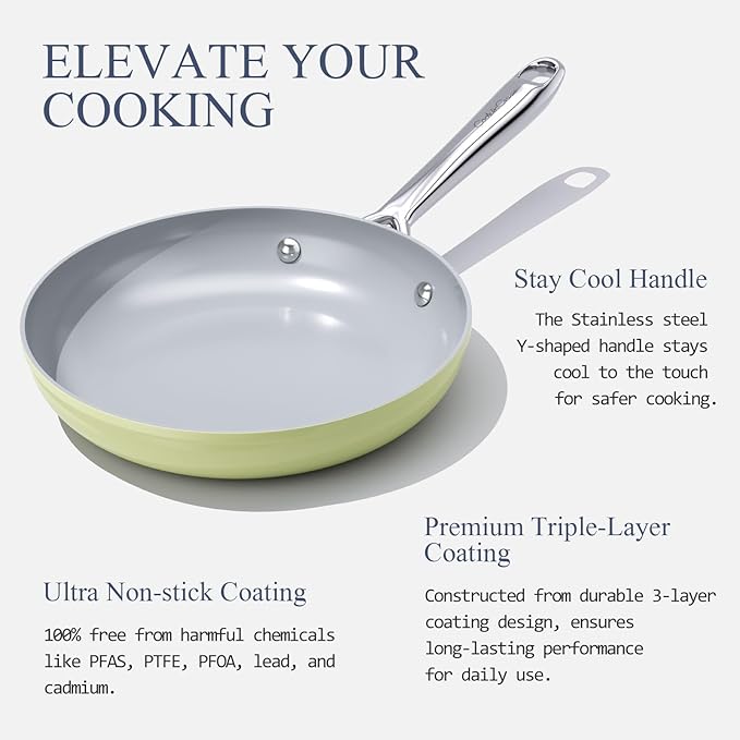 Nonstick Ceramic Frying Pan 8" for All Stovetops, PTFE/PFOA/PFAS Free, Even Heat Distribution Oven Safe up to 500°F, Healthy Non Toxic Skillet w/ Ergonomic Stainless Steel Handle, Olive Green
