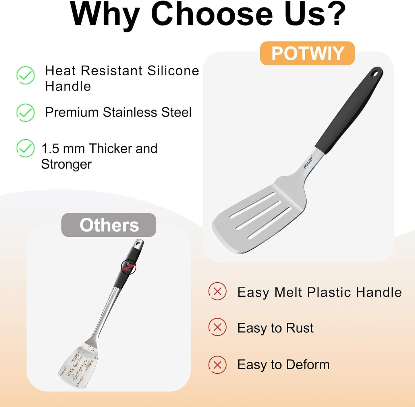 Stainless Steel Spatula Set, 2 Pcs Slotted Spatulas for Kitchen Use, Metal Turner with Silicone Handle for Cast Iron Skillet, Grilling, Cooking Utensils for Flipping Steak, B