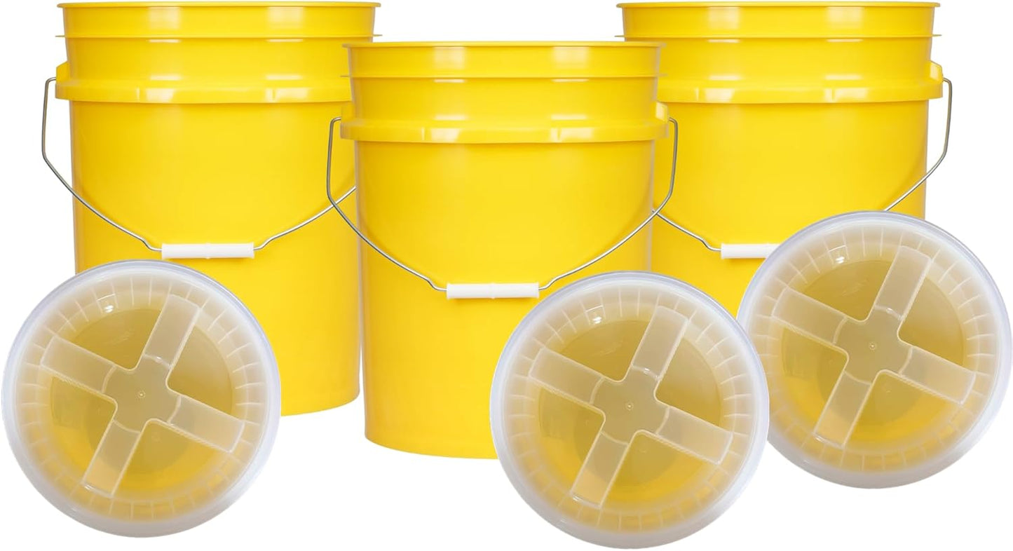 House Naturals 5 Gallon Plastic Yellow Food Grade BPA Free Made in USA Bucket Pail with Air Tight Double Gasket Screw on Lid(Pack of 3) (Yellow and Clear lids)