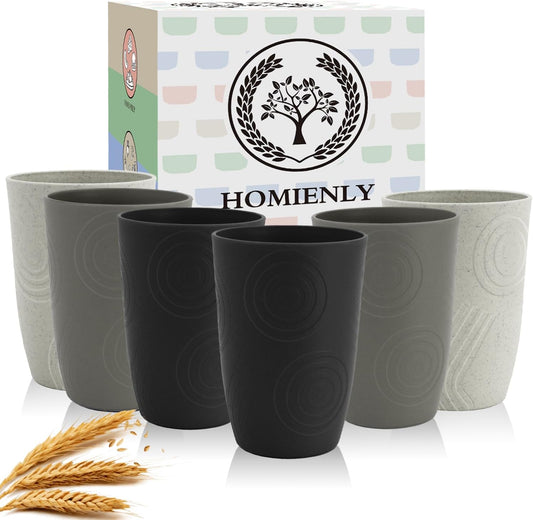 Wheat Straw Cups 6 PCS Plastic Cups Reusable Unbreakable Drinking Cup Dishwasher Safe Water Glasses with Unique Pattern(16 OZ,Black Grey)