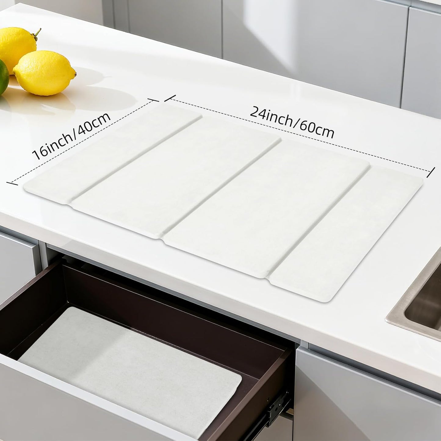 Stone Dish Drying Mat for Kitchen Counter，24x16 Collapsible Diatomaceous Earth Mats， Quick Drying Absorbent Dish Mat,Non-Slip Countertop & Bath Mat for Dishes Cups Bottles,White