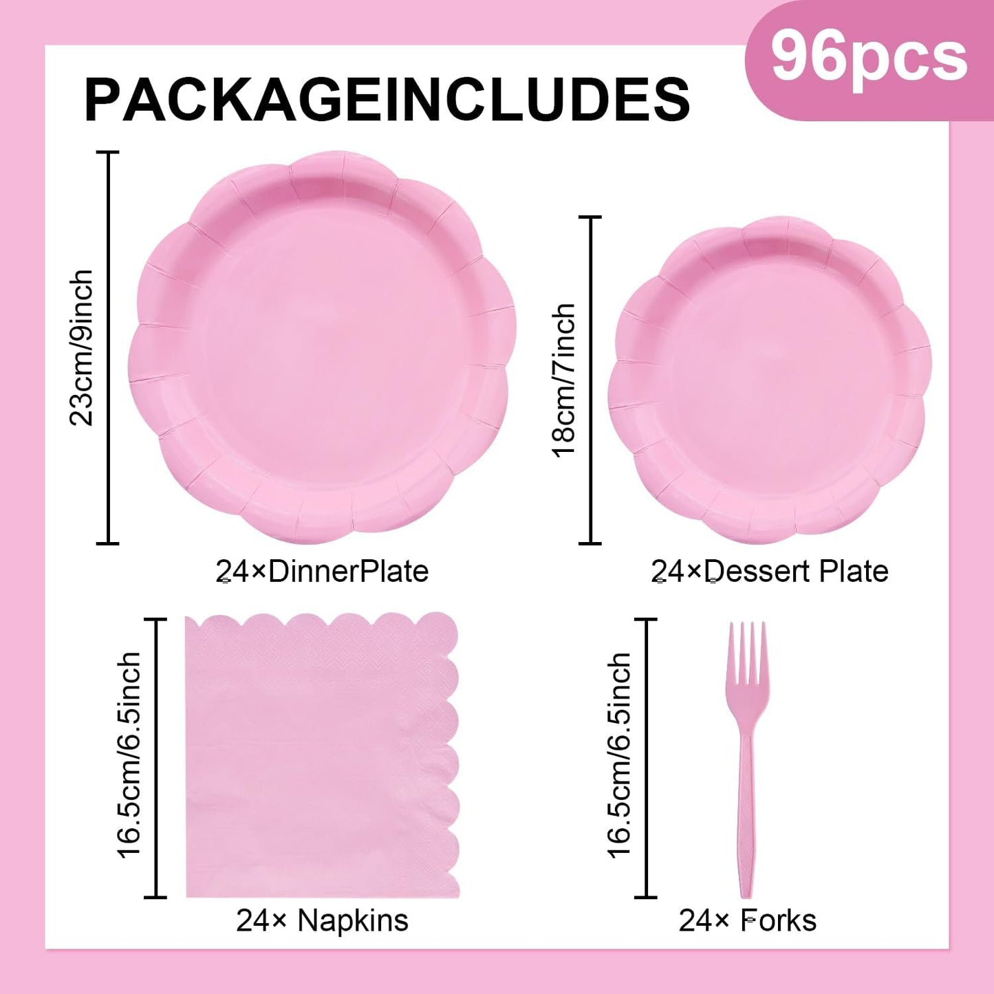 96 Pieces Pink Scalloped Tableware Set Party Supplies – Solid Color Disposable Dinnerware with Paper Plates, Napkins, and Forks for Girls Birthday, Baby Showers, Tea Parties – Serves 24
