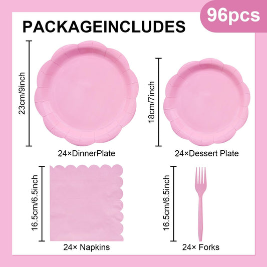 96 Pieces Pink Scalloped Tableware Set Party Supplies – Solid Color Disposable Dinnerware with Paper Plates, Napkins, and Forks for Girls Birthday, Baby Showers, Tea Parties – Serves 24