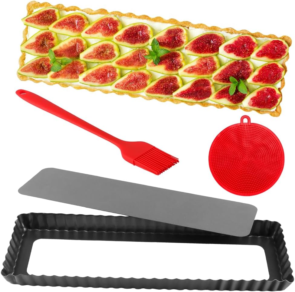 Tart Pan, 14 Inch Rectangle Tart Quiche Pan with Removable Bottom Nonstick Pie Pan with Oil & Dish Brush, Baking Tray with Loose Bottom for Fluted Pies, Quiche,Tart
