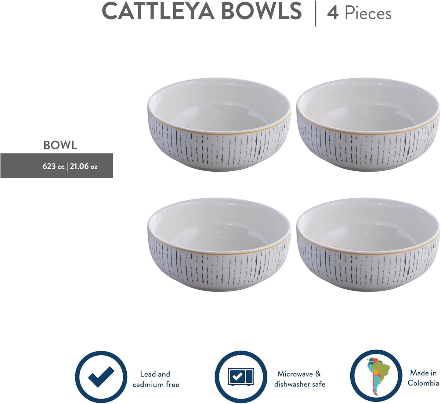 Corona 4 dinnerware Bowls Set | Cattleya 21oz | Service for 4 | Ceramic | Floral design | Set 4 Bowls | Cerámica