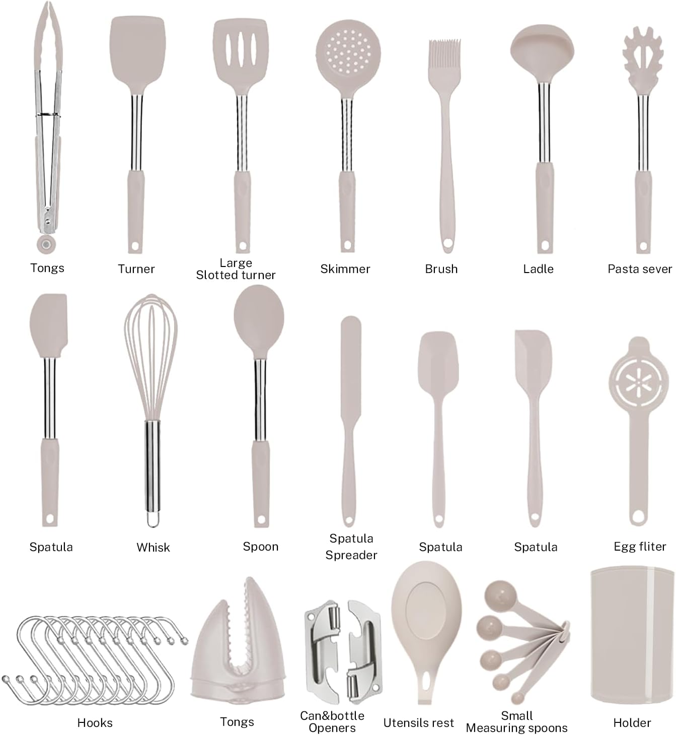 Silicone Kitchen Cooking Utensils Set with Stainless Steel Handle, Spatula Set Utensil Set, Cooking Utensil Set,Kitchen Tools Gadgets for Nonstick Cookware (35, Khaki)