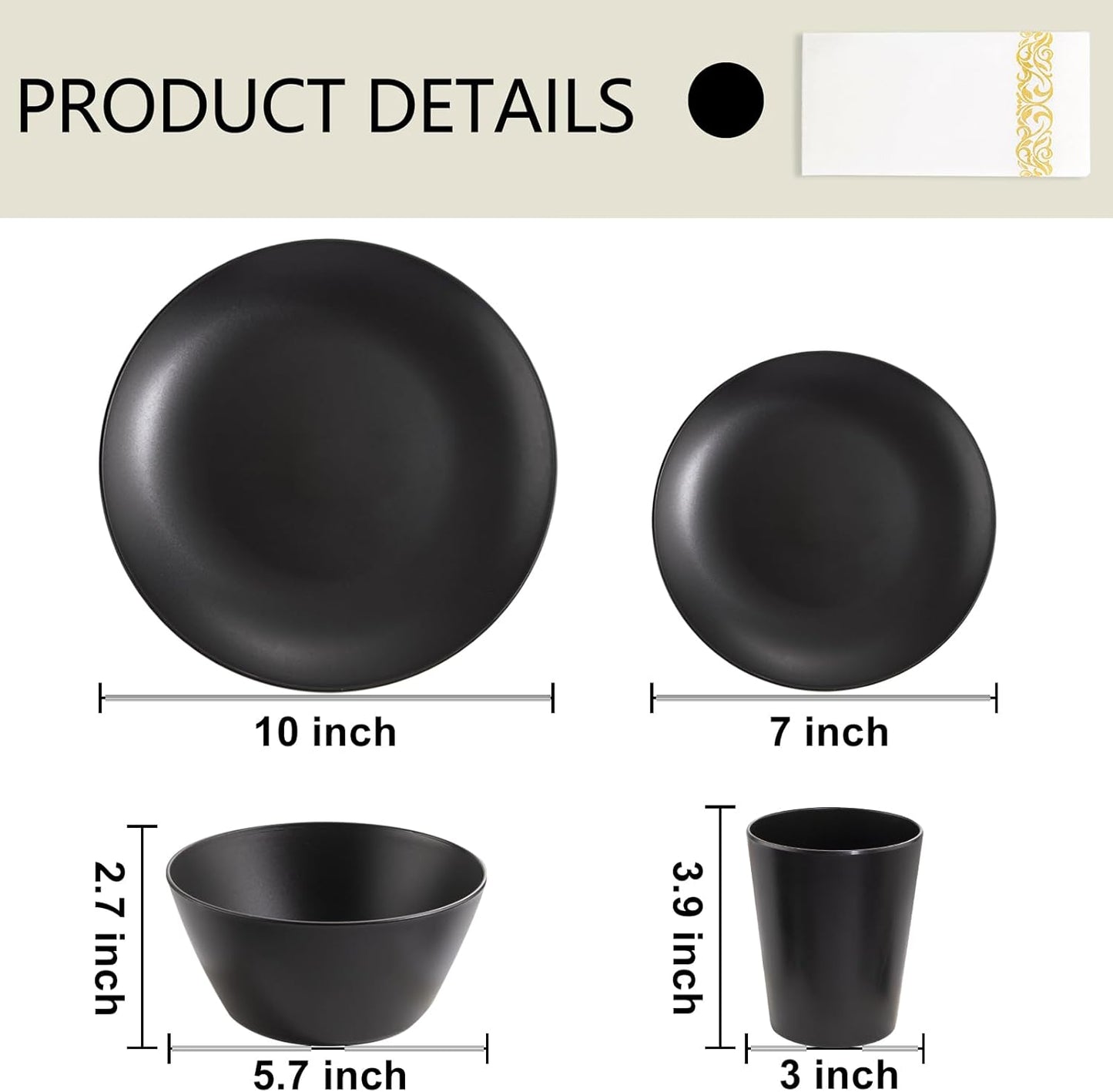Supernal 32pcs Black Wheat Straw Dinnerware Sets with 25pcs Linen Napkins,Plates and Bowls Sets for 8,Black Plastic Dinnerware Sets, Microwave Dishwasher Safe Plates, Dishes Set for 8