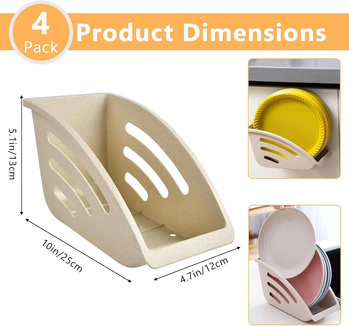 4 Pcs Paper Plate Holder,10 Inch Plastic Paper Plate Dispenser, Dinner Plate Organizer for Countertop, ReusablePlate Storage Rack for Kitchen Cabinet