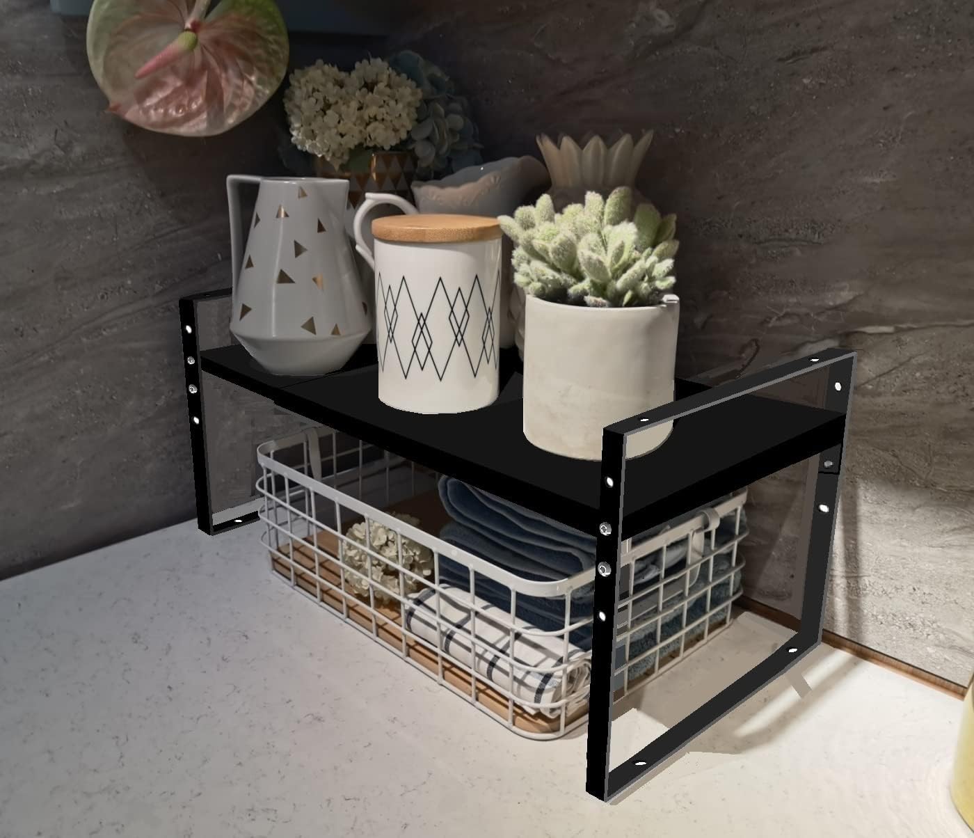 Expandable Stackable Spice Rack Cabinet Shelf Organizer in Cabinets Shelves Kitchen Cupboard Organization Stack up Racks Pantry Countertop Storage Large/Black 2 Packs