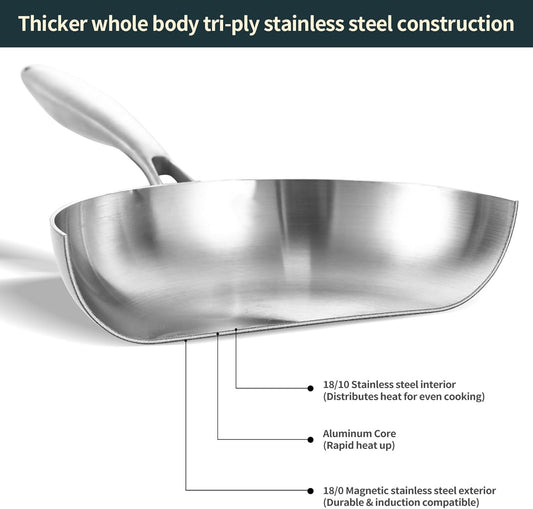 DELARLO Full Clad Tri-Ply Stainless Steel Frying Pan 10 inch, All Stove Compatible Up to 600℉, Heavy Duty, Oven Safe Skillet, 18/10 Cooking Pan, Chef's Pan for Kitchen, Omelette Pan, Flat Bottom
