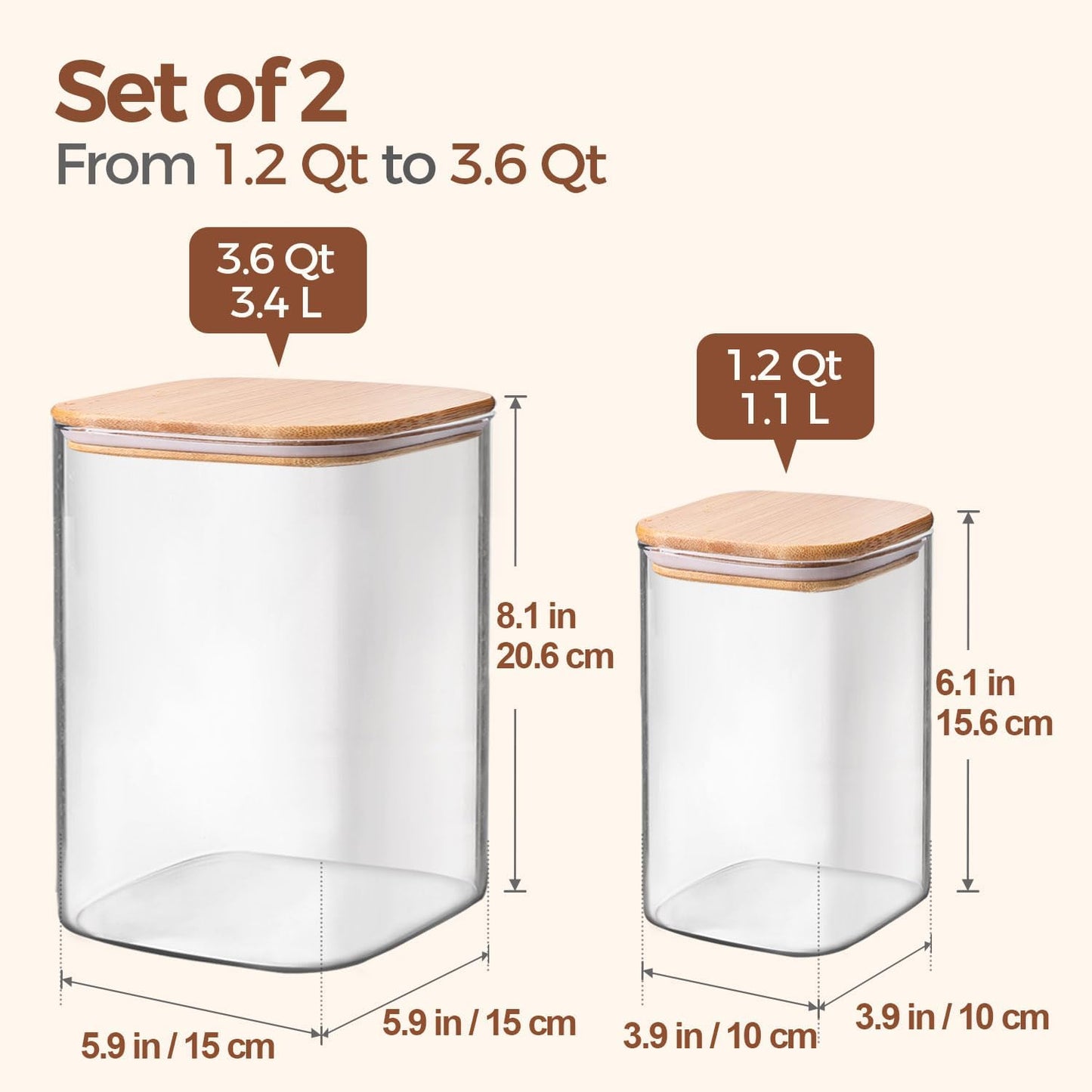 ComSaf Glass Food Storage Containers, 3.6Qt/1.2Qt Glass Flour and Sugar Containers with Airtight Lids, Large Square Jars with Bamboo Lids for Rice, Pasta, Oats, Grains, Cookies, Snacks, Candy