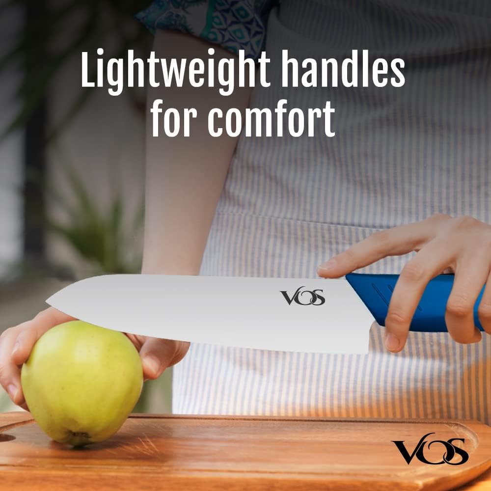 Vos Ceramic Knife Set in Elegant Gift Box, Ceramic Knives Set For Kitchen, Ultra Sharp Kitchen Knife Set with Covers, 4" 5" 6" Paring, Santoku & Chef Knife, Lightweight, Dishwasher safe (Blue Handle)