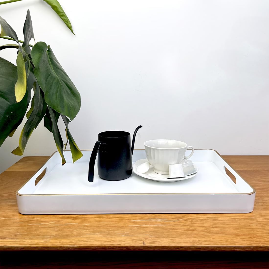 White Decorative Tray, Rectangular Serving Trays with Handles,Ottoman, Coffee Table Tray for Living Room, Bathroom, Home Decor 15.7” x 10.2”