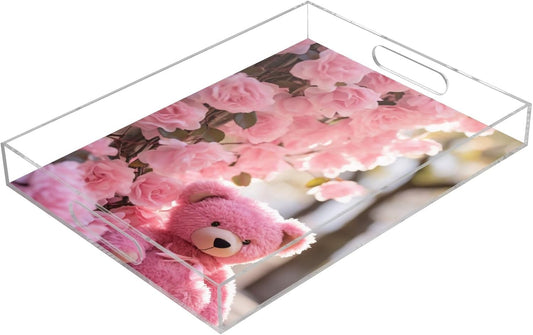 Plastic Food Serving Tray Decorative Vanity Trays for Bathroom Pink Bear Flower Coffee Table Kitchen Counter 11.8 * 15.7in