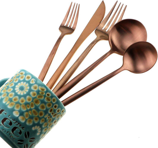Matte Rose Gold Silverware Set,Gugrida 5-Piece 18/10 Stainless Steel Satin Finish Flatware Set,Kitchen Utensil Set,Tableware Travel Cutlery Set for Camping Office or School Lunch, Dishwasher Safe