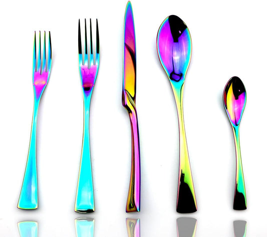 JASHII Luxury Unique Flatware Set 20-Piece | Iridescent Silverware Sets | 18/10 Stainless Steel Dinnerware Set | Utensils For 4 | Rainbow Tableware,Dinner Knife Fork Salad Fork w/DINNER COFFEE Spoon