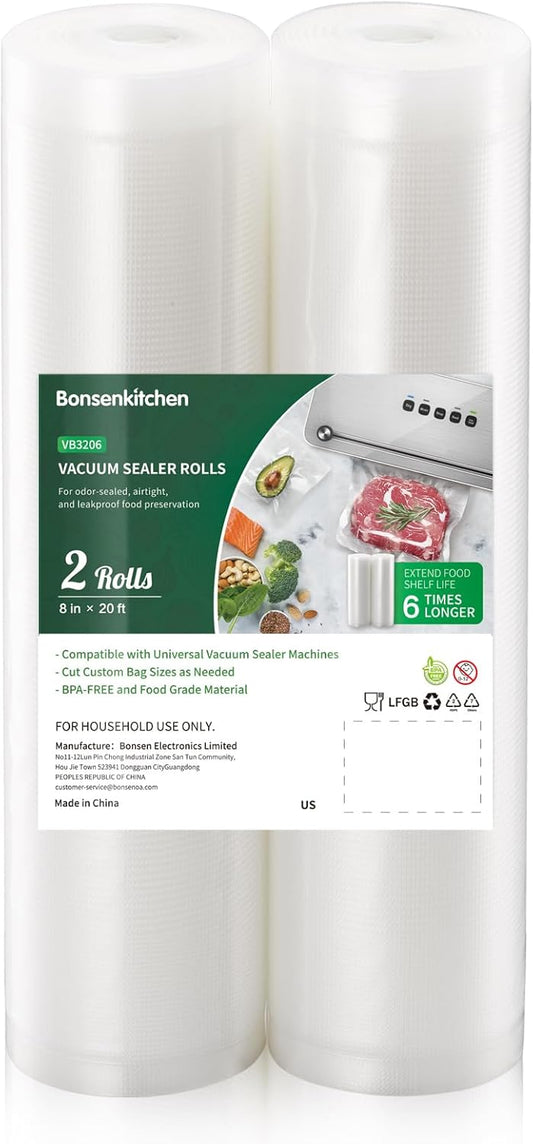 Bonsenkitchen Vacuum Food Sealer Rolls Bags, 2 Packs 8 in x 20 ft, BPA Free, Durable Commercial Customized Size Bags for Storage and Sous Vide Cooking,VB3206